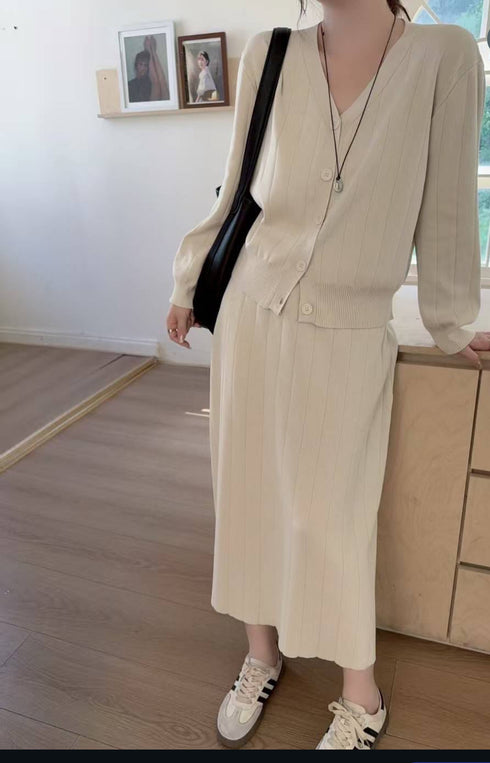 Winter Button Down Cardigan With Skirts Sets